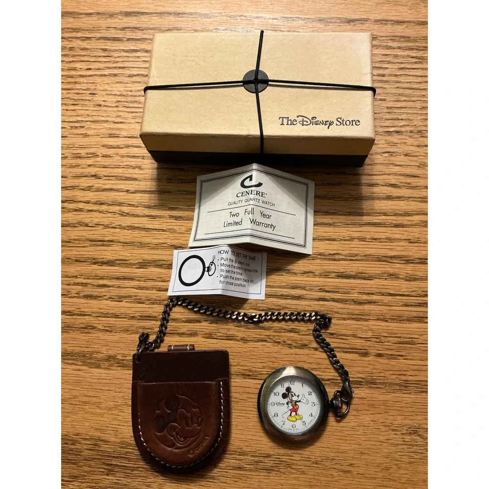 Disney Store Mickey Mouse Pocket Watch Leather Pouch Vintage Quartz Boxed Set